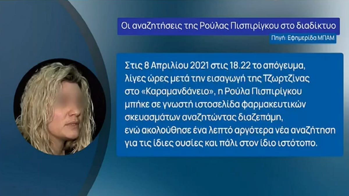 Νέα ντοκουμέντα για την Πάτρα: Οι αναζητήσεις «φωτιά» της Ρούλας Πισπιρίγκου στο διαδίκτυο – Τί ουσίες έψαχνε τρεις μέρες πριν την ανακοπή της Τζωρτζίνας