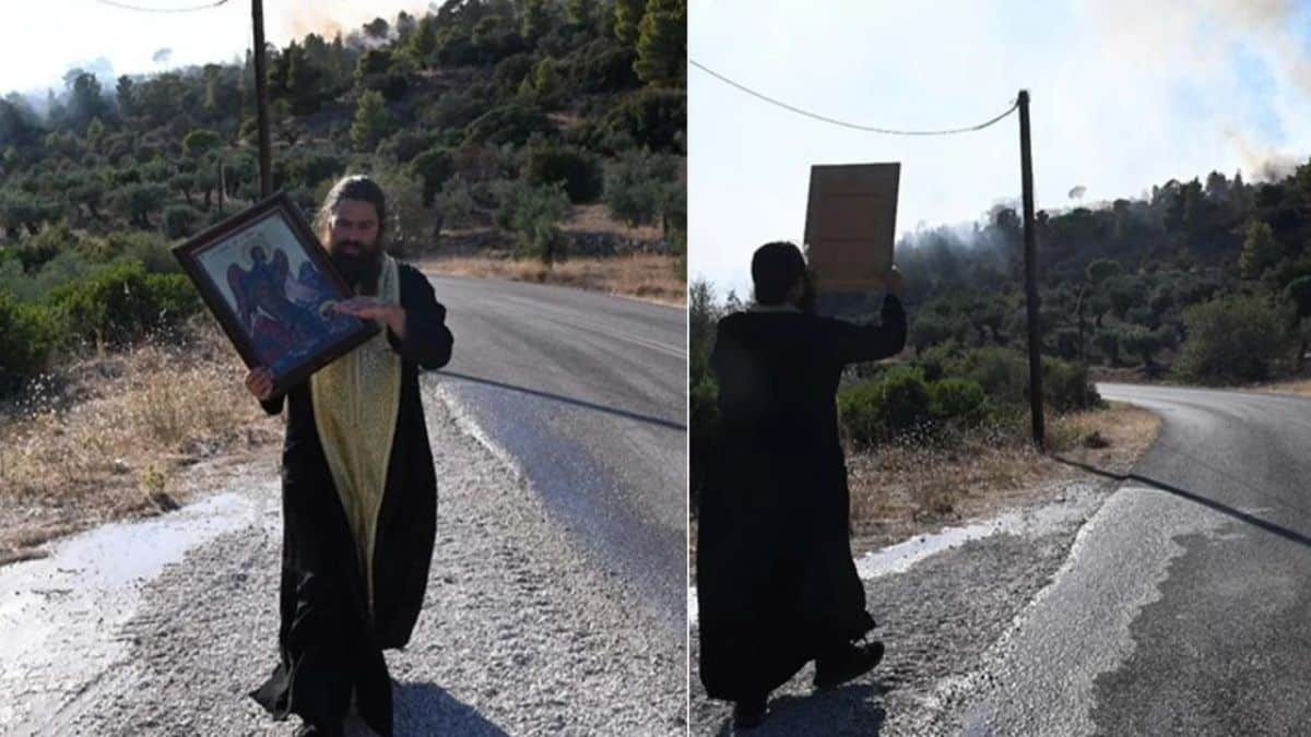 Ιερέας στην Βοιωτία «ξορκίζει» την φονική πυρκαγιά κάνοντας περιφορά εικόνας και προσευχή