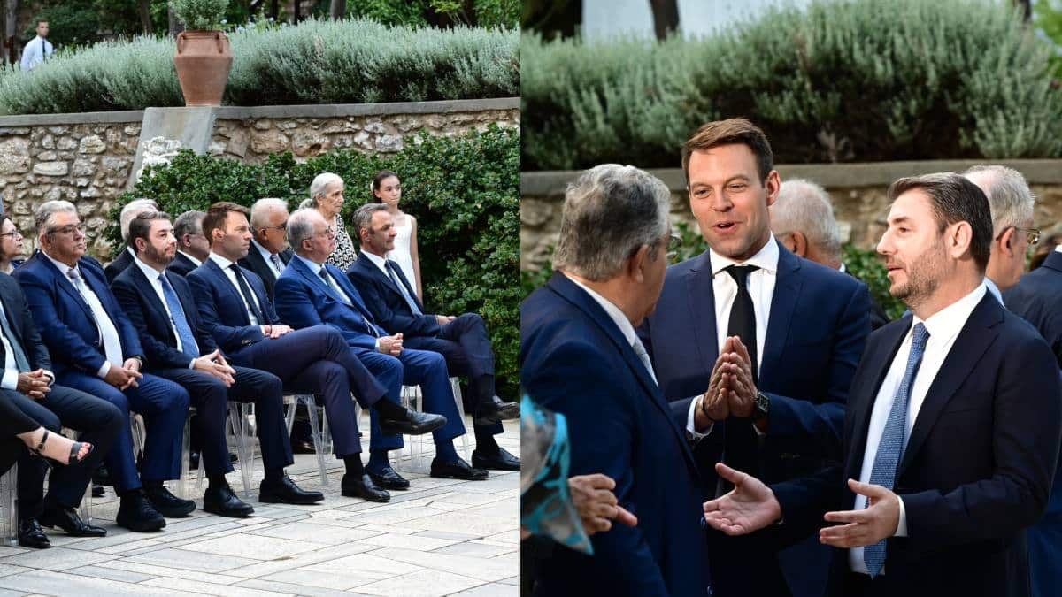 50 χρόνια από την αποκατάσταση της Δημοκρατίας: Η δεξίωση στο Προεδρικό Μέγαρο – Τι ειπώθηκε στα «πηγαδάκια» των πολιτικών αρχηγών