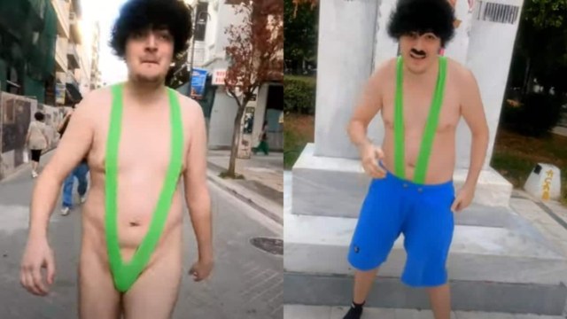 Δεν άφησε πολλά στην φαντασία: YouTuber στην Πάτρα βγήκε έξω με αποκαλυπτικό μαγιό Borat (video)