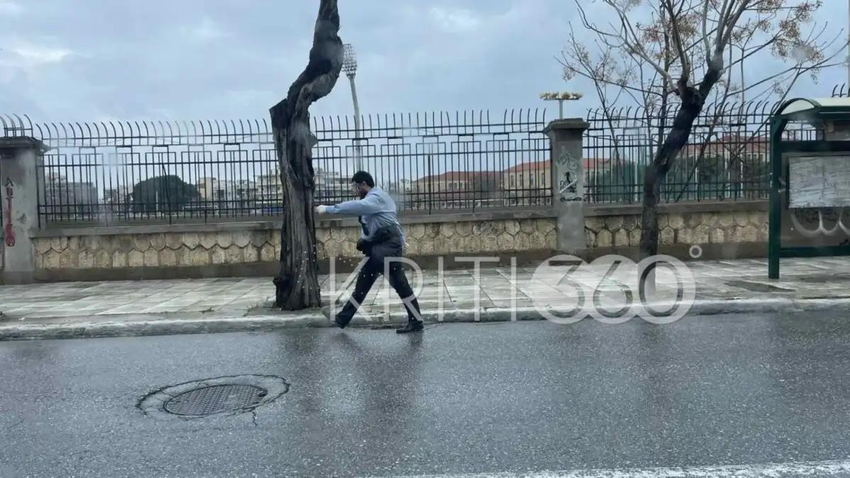 25η Μαρτίου στα Χανιά: Η κακοκαιρία ακύρωσε τους εορτασμούς αλλά δεν σταμάτησε έναν άνθρωπο από το να παρελάσει  – Δείτε βίντεο