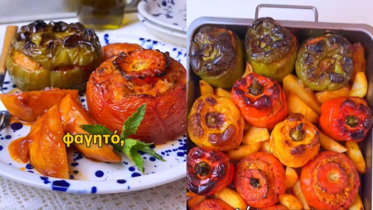 Παραδοσιακά γεμιστά με ρύζι, πλούσια μυρωδικά και τριμμένη φέτα, που ψήνονται στο ταψί μαζί με πεντανόστιμες, μελωμένες πατάτες