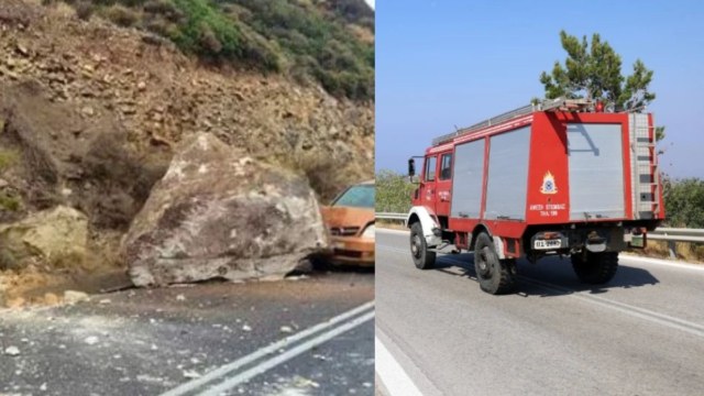 Άγιο είχε οδηγός στην Ιεράπετρα: Τεράστιος βράχος έπεσε μπροστά στο αμάξι του